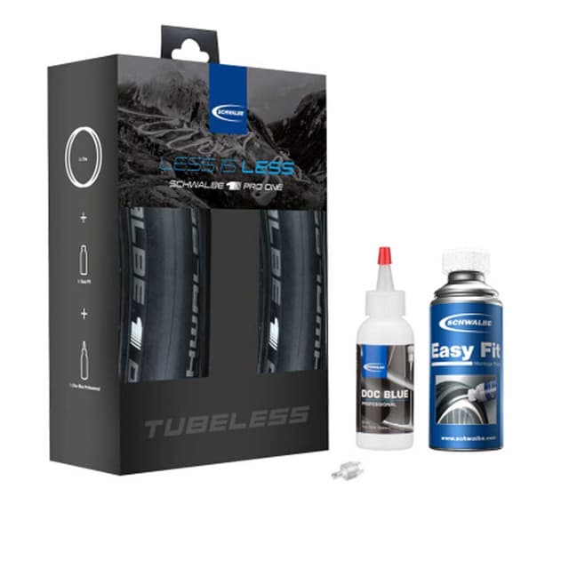 Pack of 2 Schwalbe Pro One Tubeless Easy Folding Tyres 700x25C with Doc Blue Easy Fit and Valve Tool